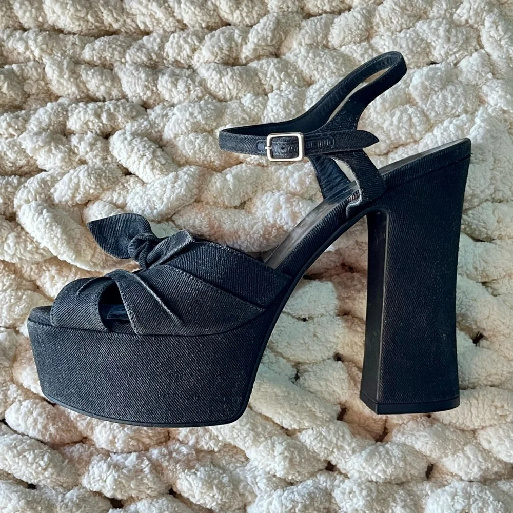 Saint Laurent Candy 80 Bow Black Denim Platform Sandals